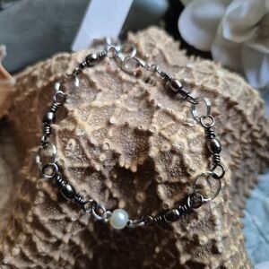 Men's Silver and Black Beaded Bracelet
